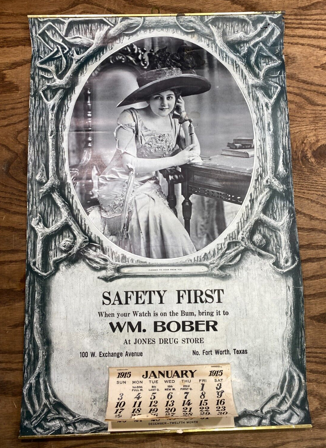 Vintage 1915 Calendar DRUG STORE CALENDAR Fort Worth Tx  Gibson Girl on Phone