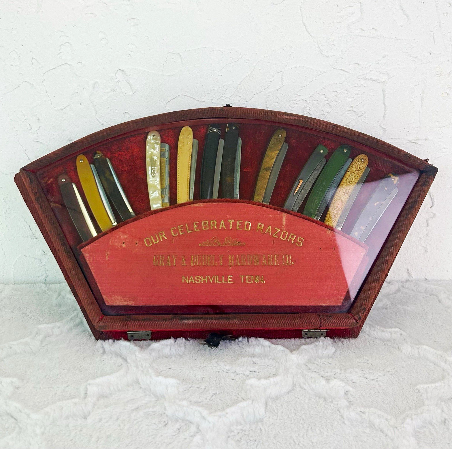 Antique Gray & Dudley Hardware Co Red Display Box Straight Razors Set of 12 Antique Gray & Dudley Hardware Co Red Display Box Straight Razors Set of 12