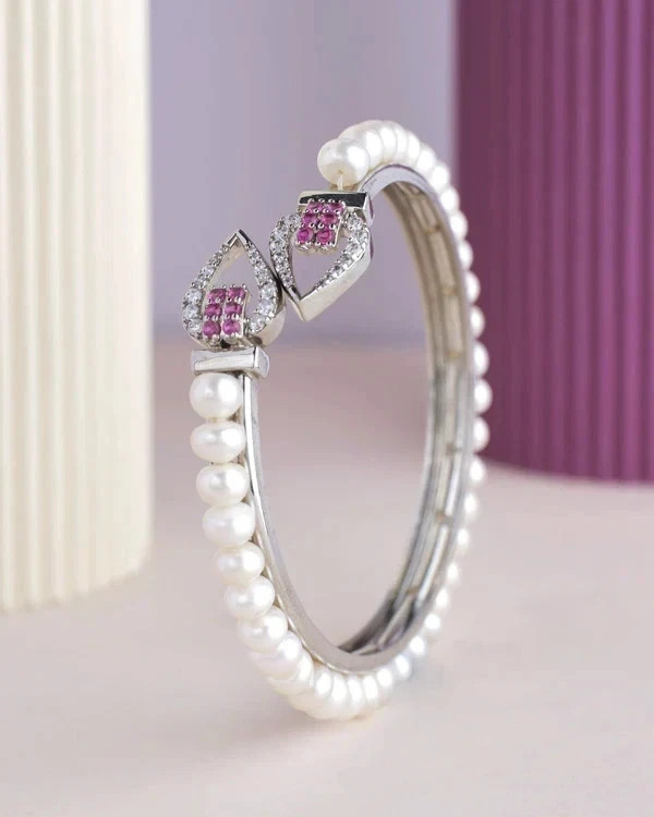 Elegant White Pearl, Sapphire & Diamond 14K White Gold Over Bangle Bracelet 7.5\