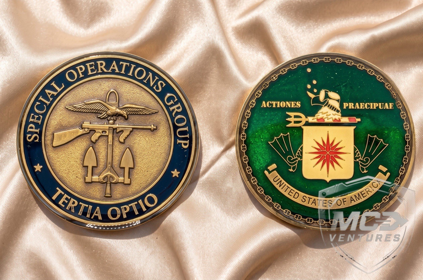 Vintage CIA Special Operations Group SOG Tertia Optio Coin Set + 2 Pins & Paper