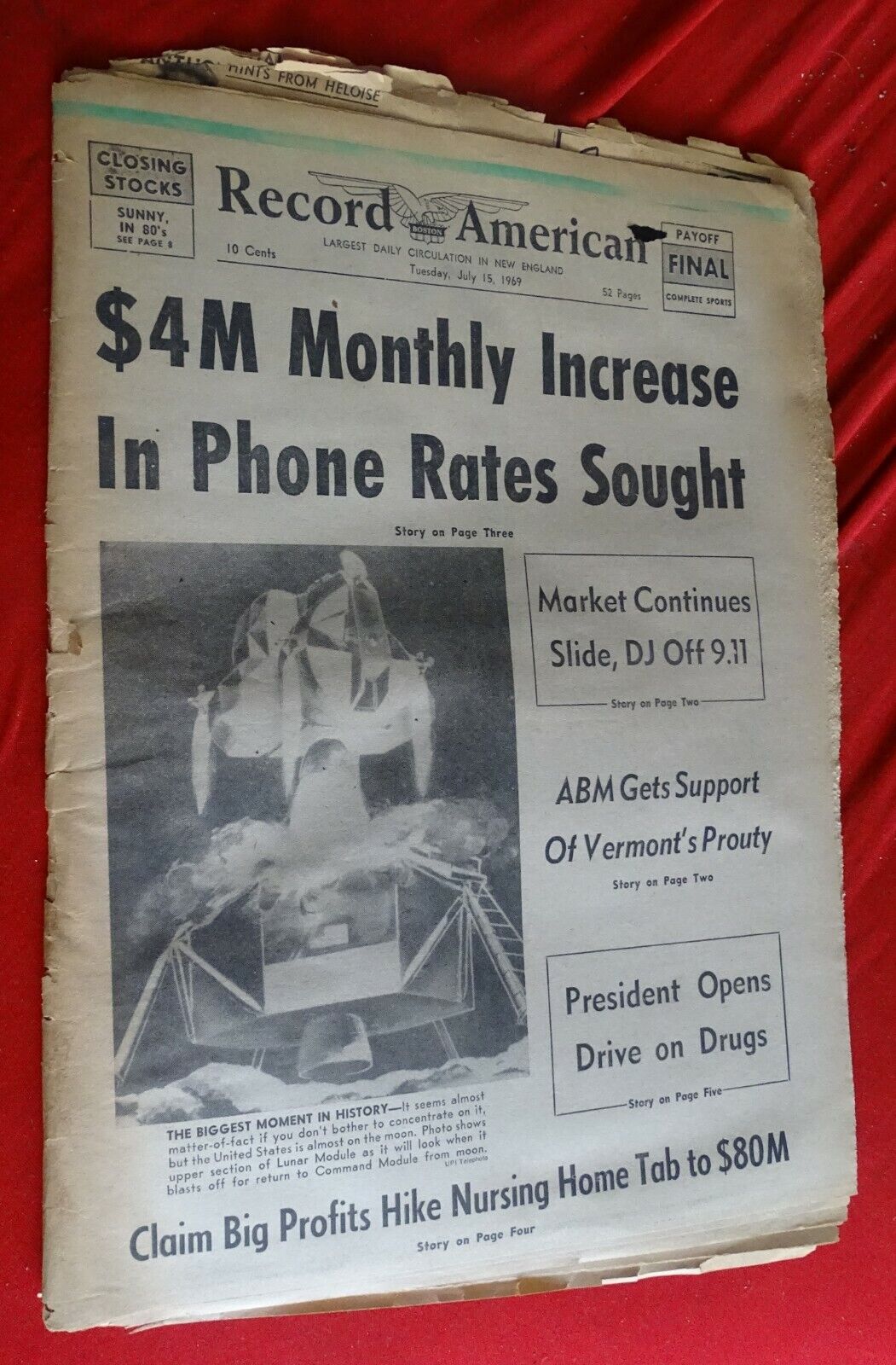 July 15, 1969 Boston American Newspaper TONY CONIGLIARO, Apollo 11, Cassius Clay