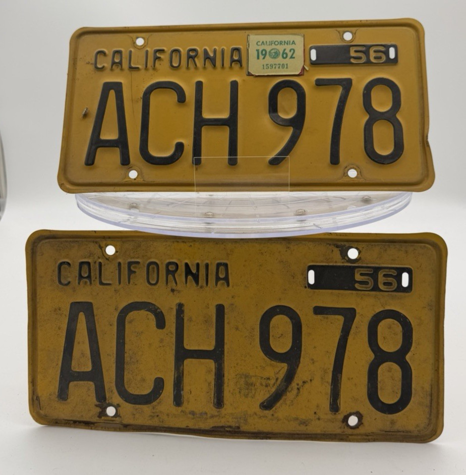 1956 California License Plates Matching Pair ACH 978 1962 Sticker Original