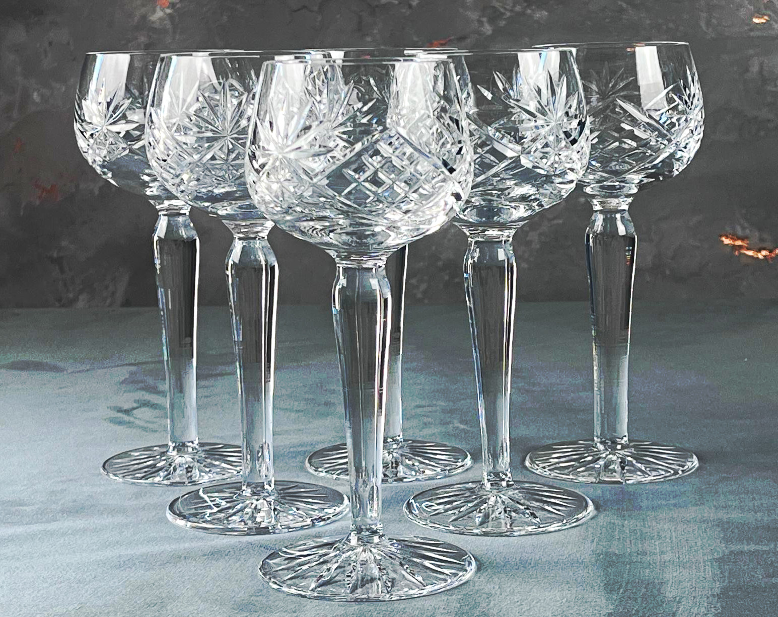Set of 6 Vintage Cut Crystal Wine Glasses Goblets Faceted Stem Starburst 19cm