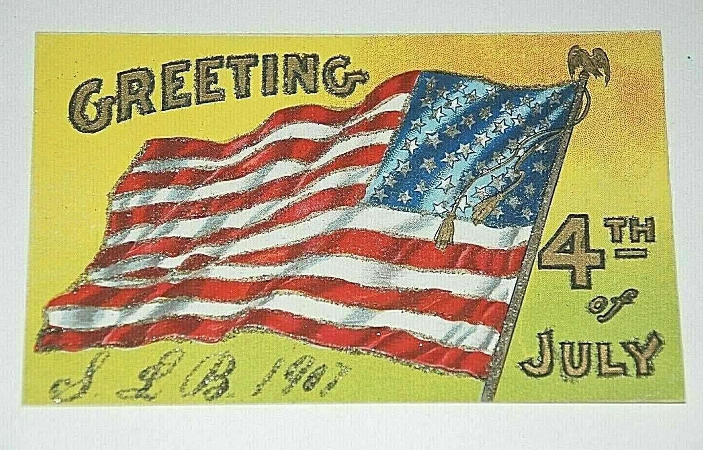 1907 4th of JULY Postcard Signed SLB Patriotic Sparkly Glitter USA Flag America