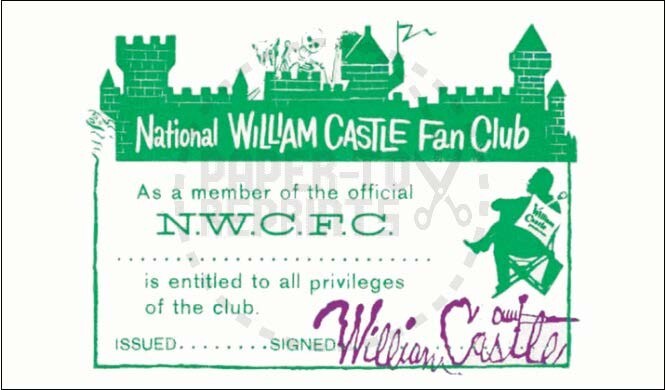 NATIONAL WILLIAM CASTLE FAN CLUB MEMBERSHIP CARD - VINTAGE REPRINT