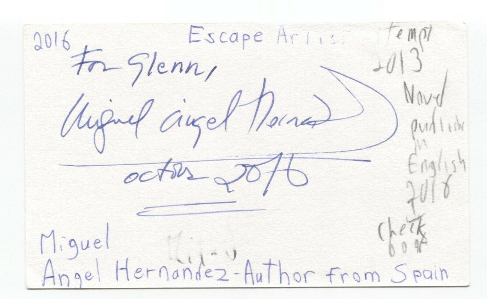 Miguel Angel Hernandez Signed 3x5 Index Card Autographed Signature Author Writer