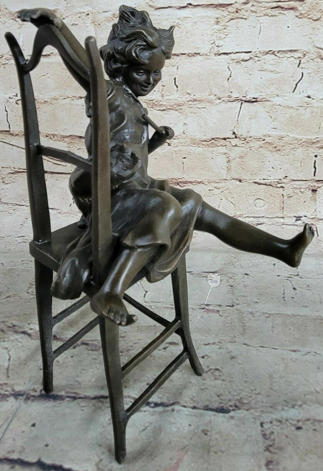 Girl Playing On Chair With Cat Child Hot Cast Real Bronze Statue Home Decor Art