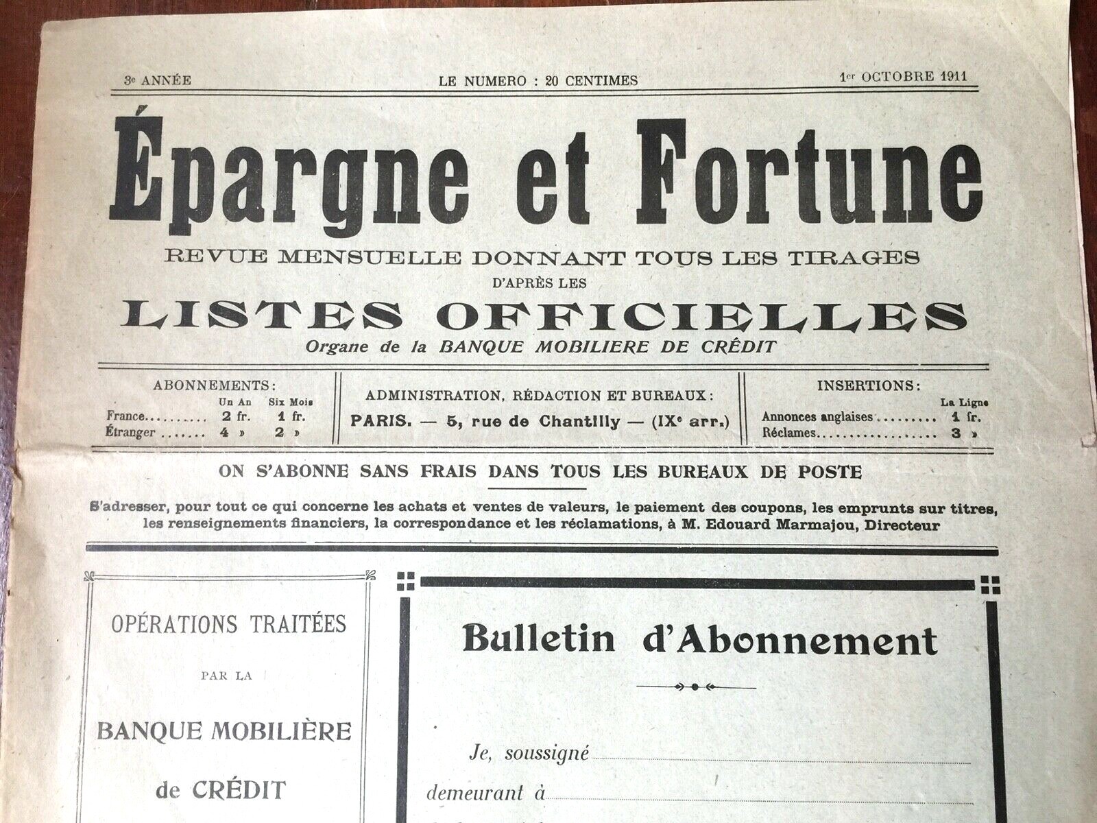 1911 PARIS, FRANCE original antique document BANK CREDIT NEWSLETTER ~ In French 1911 PARIS, FRANCE original antique document BANK CREDIT NEWSLETTER ~ In French