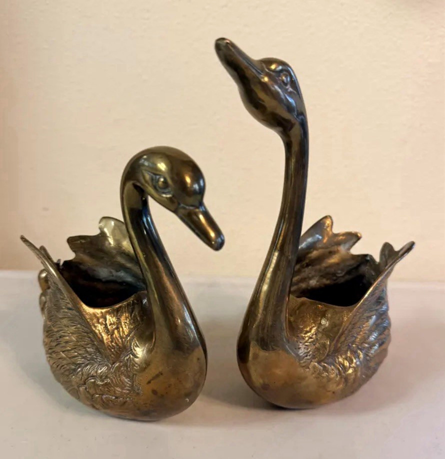 Vintage MCM Brass Swan Bird Planters Collectible Swan Figurine Set Vintage MCM Brass Swan Bird Planters Collectible Swan Figurine Set