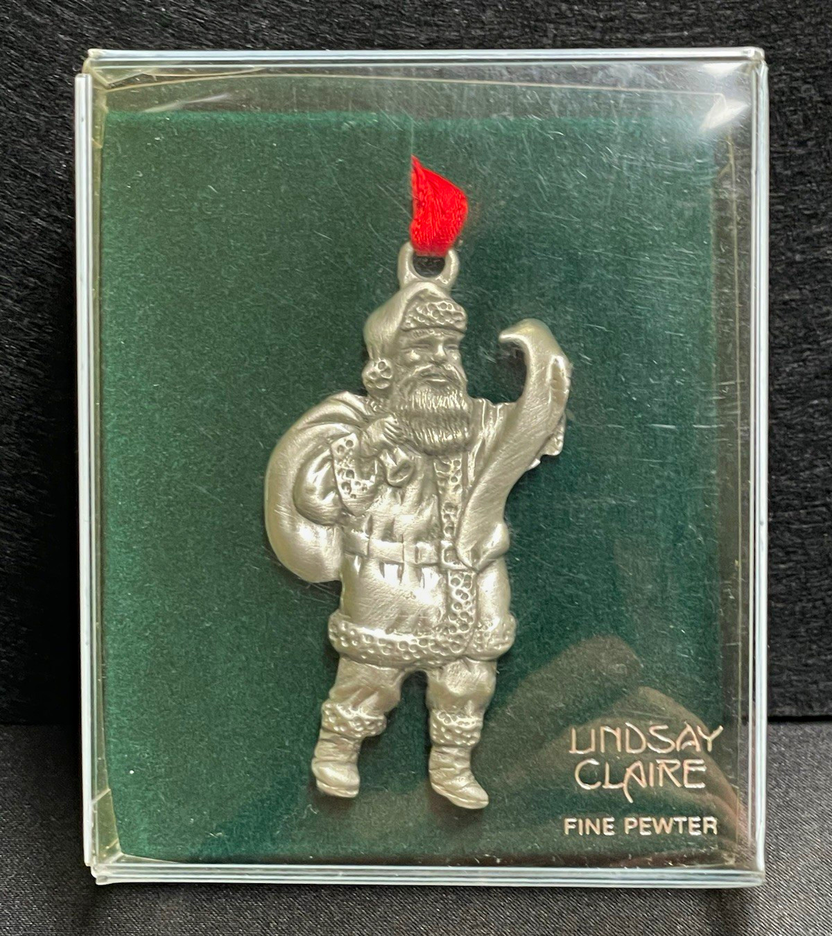 Vintage 1995 Lindsay Claire Pewter Santa Christmas Ornament in Original Box Vintage 1995 Lindsay Claire Pewter Santa Christmas Ornament in Original Box