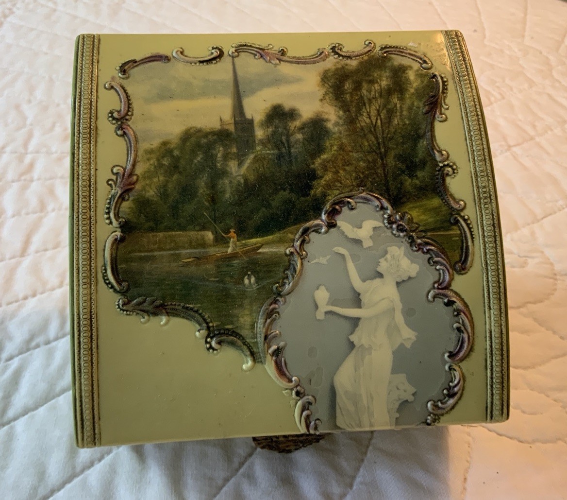 Antique Celluloid Vanity Or Hanky Box, Lady, Trees, Boat, Castle, Inside As Is Antique Celluloid Vanity Or Hanky Box, Lady, Trees, Boat, Castle, Inside As Is