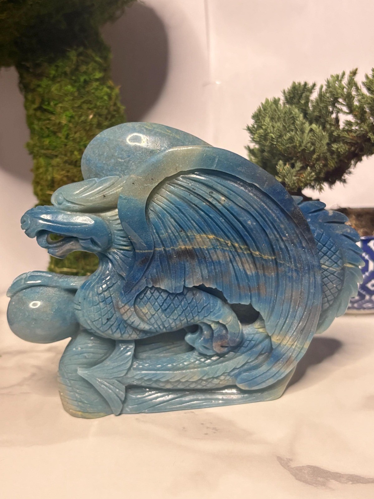 Hand Carved Trolleite Dragon Statue, Blue Stone Art Hand Carved Trolleite Dragon Statue, Blue Stone Art