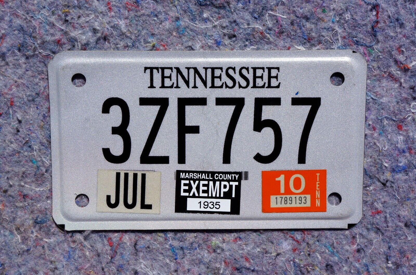2010 Tennessee EXEMPT MOTORCYCLE License Plate