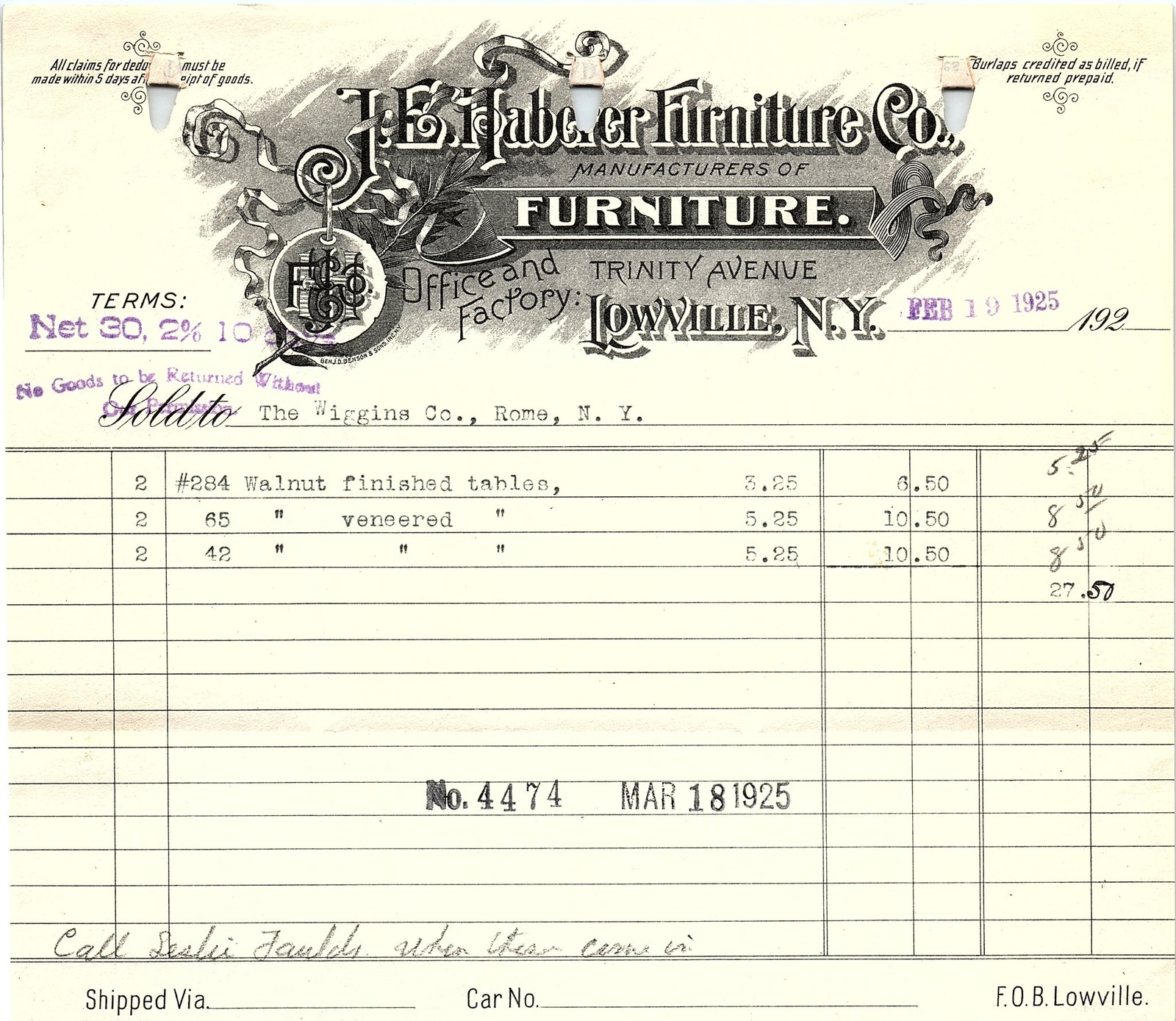 1925 E.H. Faber Furniture Co. Lowville NY Billhead 1925 E.H. Faber Furniture Co. Lowville NY Billhead