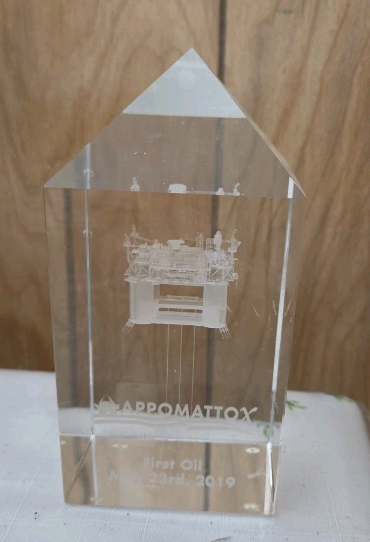 3D Laser Etched Crystal Custom Corporate Award APPOMATTOX Oil Platform (Shell) 3D Laser Etched Crystal Custom Corporate Award APPOMATTOX Oil Platform (Shell)