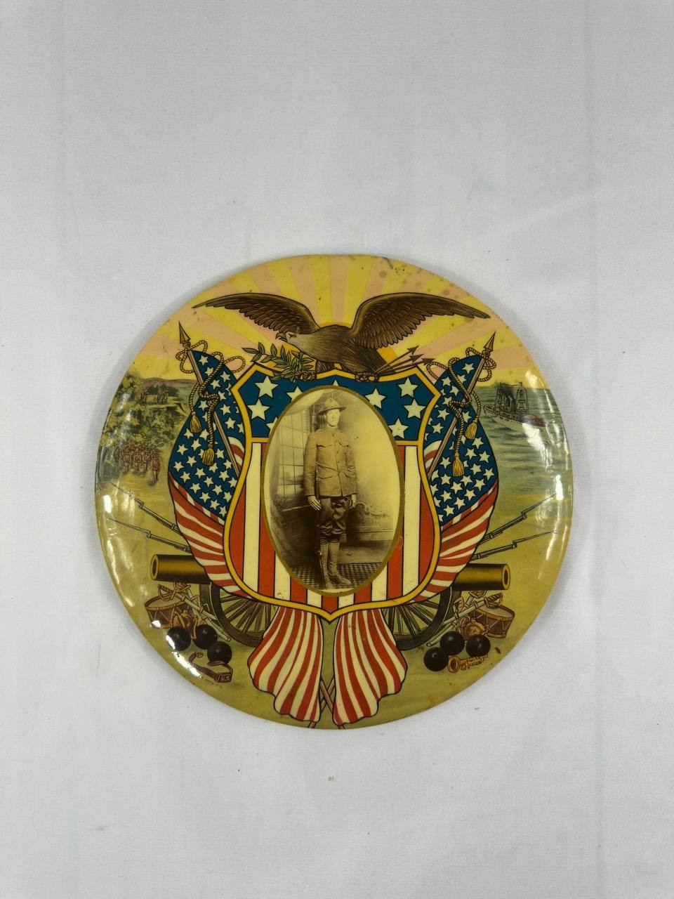 Antique WWI Patriotic Soldier Portrait Tin Litho Wall Plaque Cruver 9”