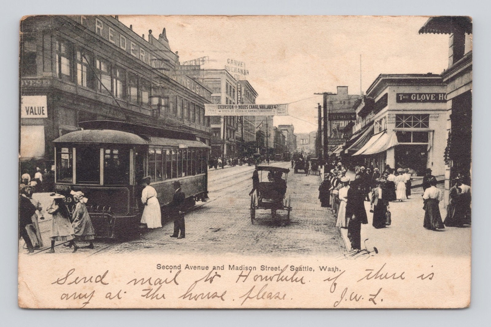 UDB Postcard Second Ave. and Madison St. Seattle Washington WA Trolley ~1906