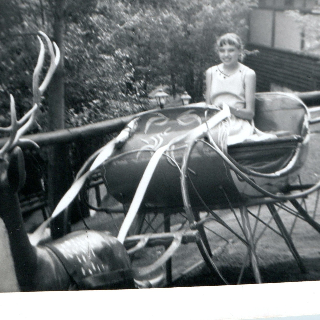 c1950s Girl in Sleigh Reindeer North Pole Snapshot Photo Theme Park Holiday Vtg c1950s Girl in Sleigh Reindeer North Pole Snapshot Photo Theme Park Holiday Vtg