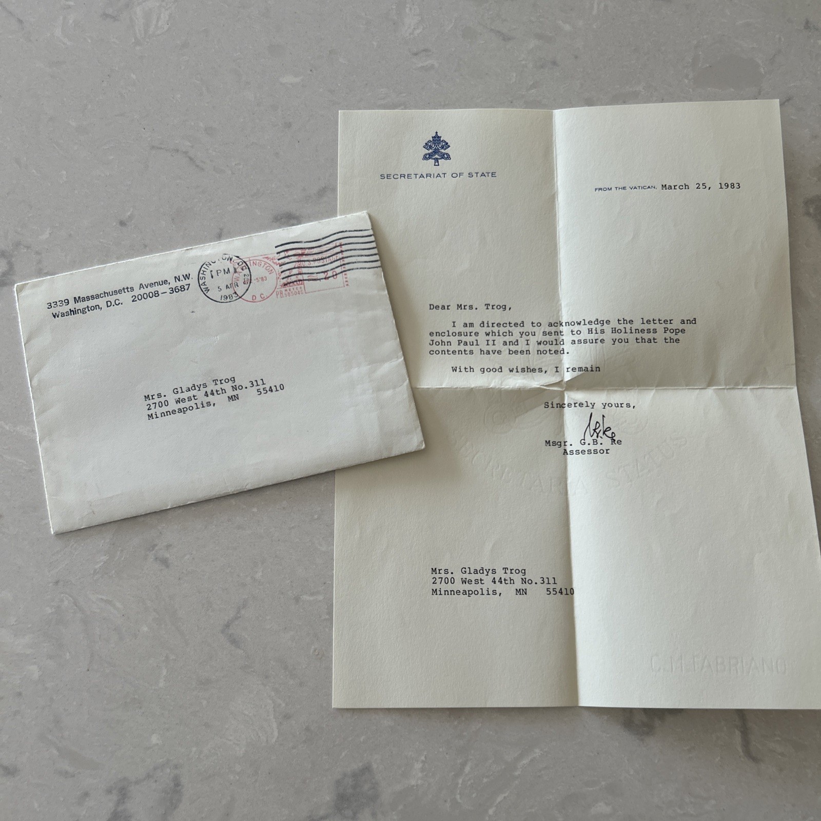1983 Vatican Letter & Envelope SET Pope John Paul II Era Apostolic Nunciature DC 1983 Vatican Letter & Envelope SET Pope John Paul II Era Apostolic Nunciature DC