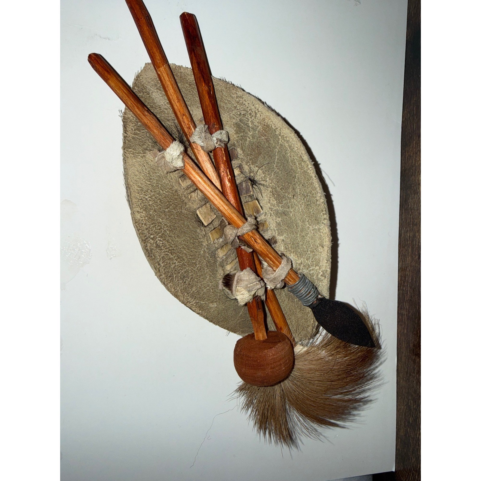 Vintage South African Style Hide Shield 3 Spears Warrior Wall Hanging Folk Art Vintage South African Style Hide Shield 3 Spears Warrior Wall Hanging Folk Art