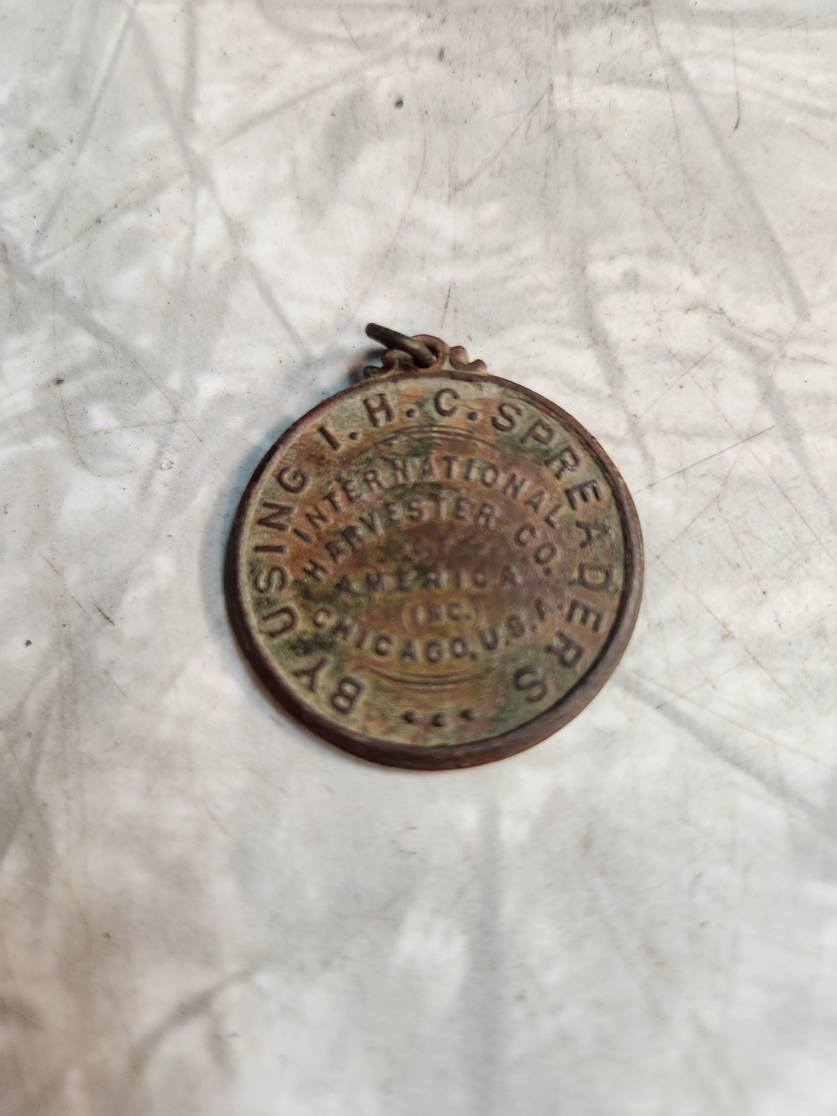 1890s RICH SOIL-LESS TOIL INTERNATIONAL HARVESTER CO I.H.C. SPREADER TOKEN Medal 1890s RICH SOIL-LESS TOIL INTERNATIONAL HARVESTER CO I.H.C. SPREADER TOKEN Medal