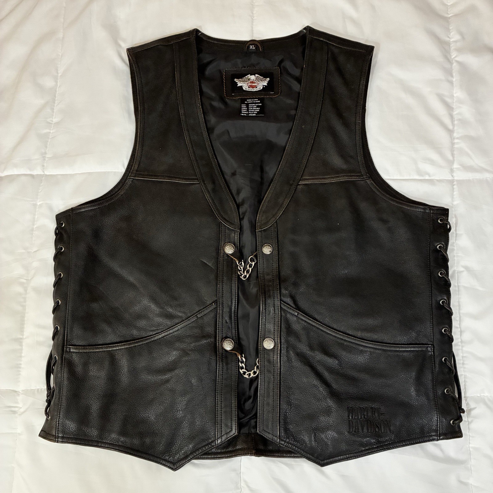 Harley-Davidson Black Genuine Leather Lace-Up Biker Vest XL HD-207 ROMP Harley-Davidson Black Genuine Leather Lace-Up Biker Vest XL HD-207 ROMP
