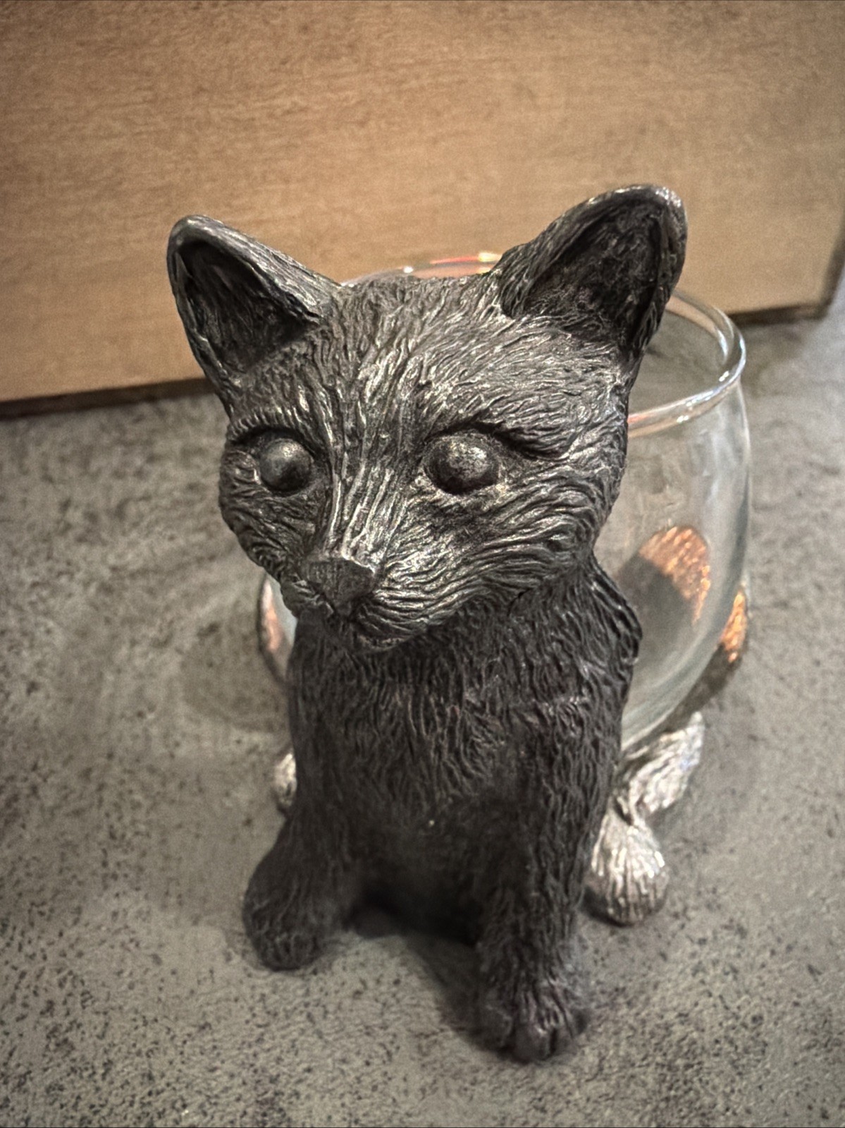 Vintage 1984 Metzke Pewter Cat Votive Candle Holder w/ Glass Cup Kitty 4”