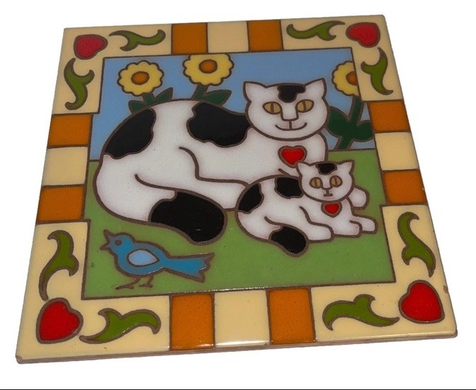 Vintage cute Italy Ceramic Tile Trivet Cat Decor