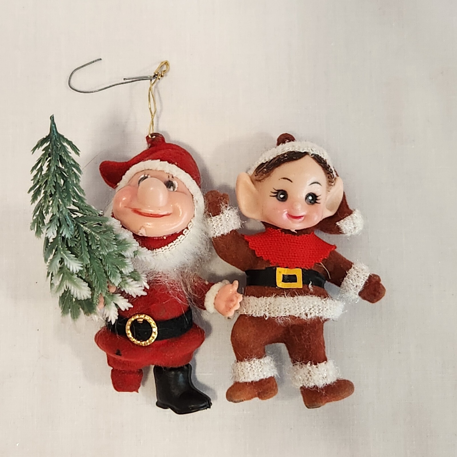 2 Vintage Flocked Santa with Tree and Elf **FLAW**Christmas Ornaments Retro MCM