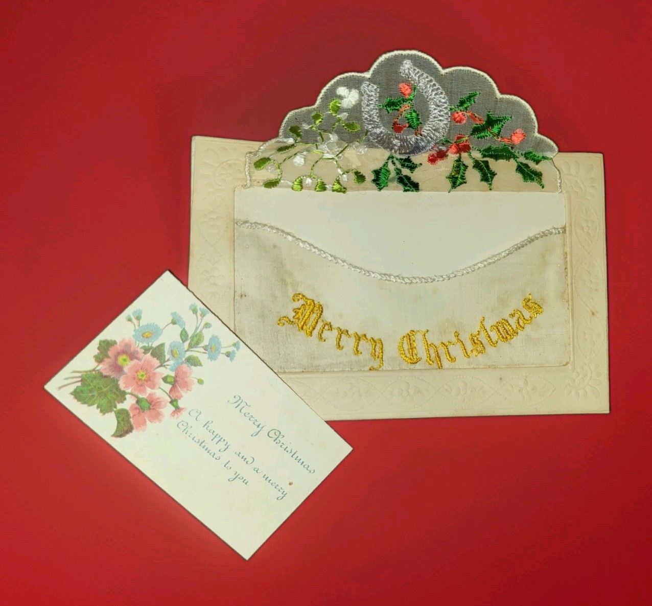 Vtg Cute Early 1900s Postcard Silk Embroidered Envelope & Card Merry Christmas Vtg Cute Early 1900s Postcard Silk Embroidered Envelope & Card Merry Christmas