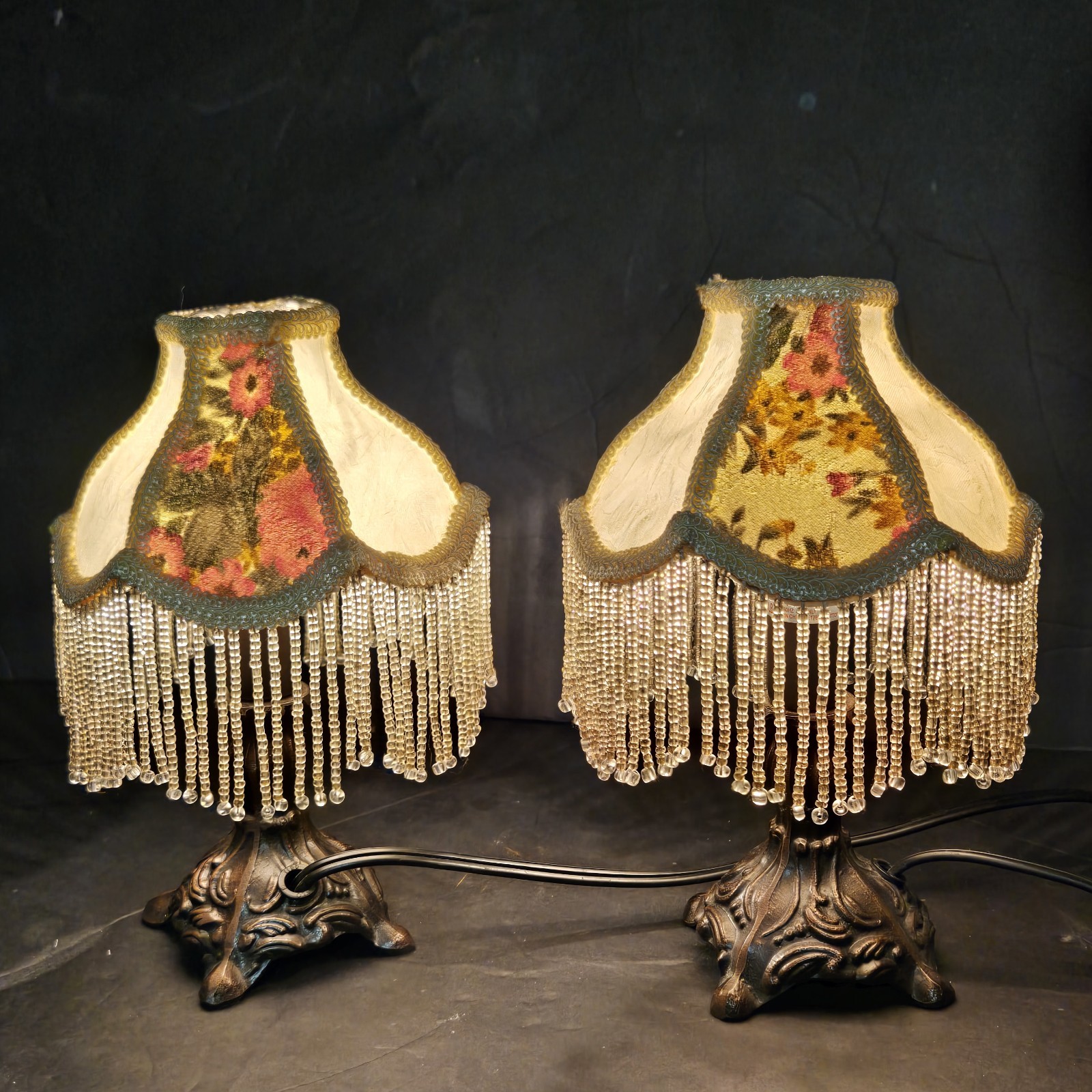 Pair Vintage Small Victorian Fringe Lampshade Floral Fabric Beaded Boudoir Shade Pair Vintage Small Victorian Fringe Lampshade Floral Fabric Beaded Boudoir Shade