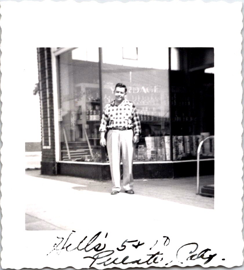 Man Outside Hill's 5 & 10 Store, 1950s B&W Snapshot, Pulaski TN Man Outside Hill's 5 & 10 Store, 1950s B&W Snapshot, Pulaski TN