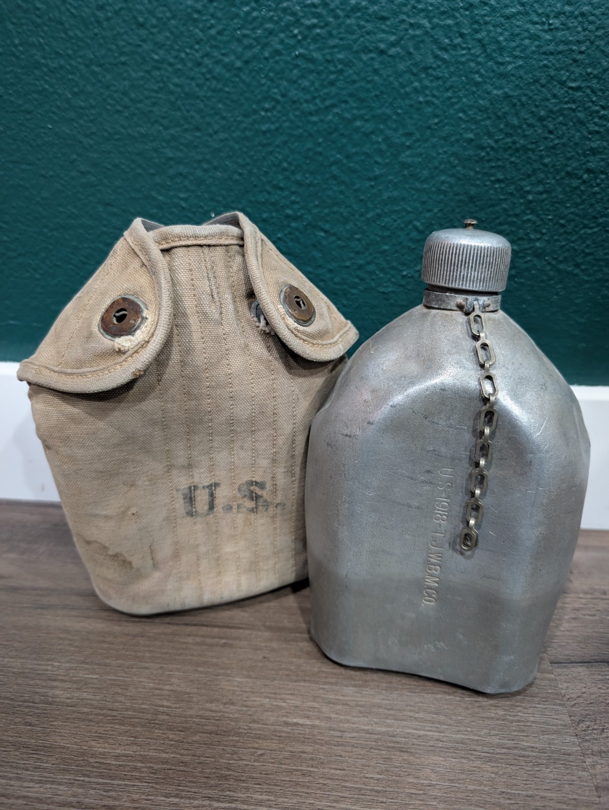Antique US Military WW1 Canteen 1918 Stamped Perkins Campbell w/Insulated Cover Antique US Military WW1 Canteen 1918 Stamped Perkins Campbell w/Insulated Cover