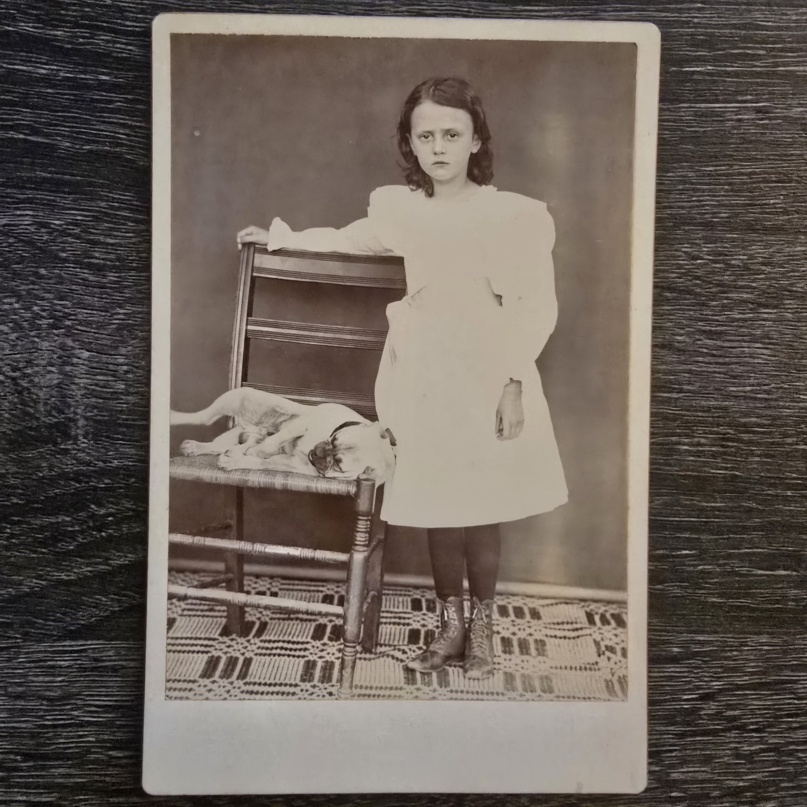 Antique Victorian Post Mortem Dog Cabinet Card Sad Girl Mourning Photo Macabre