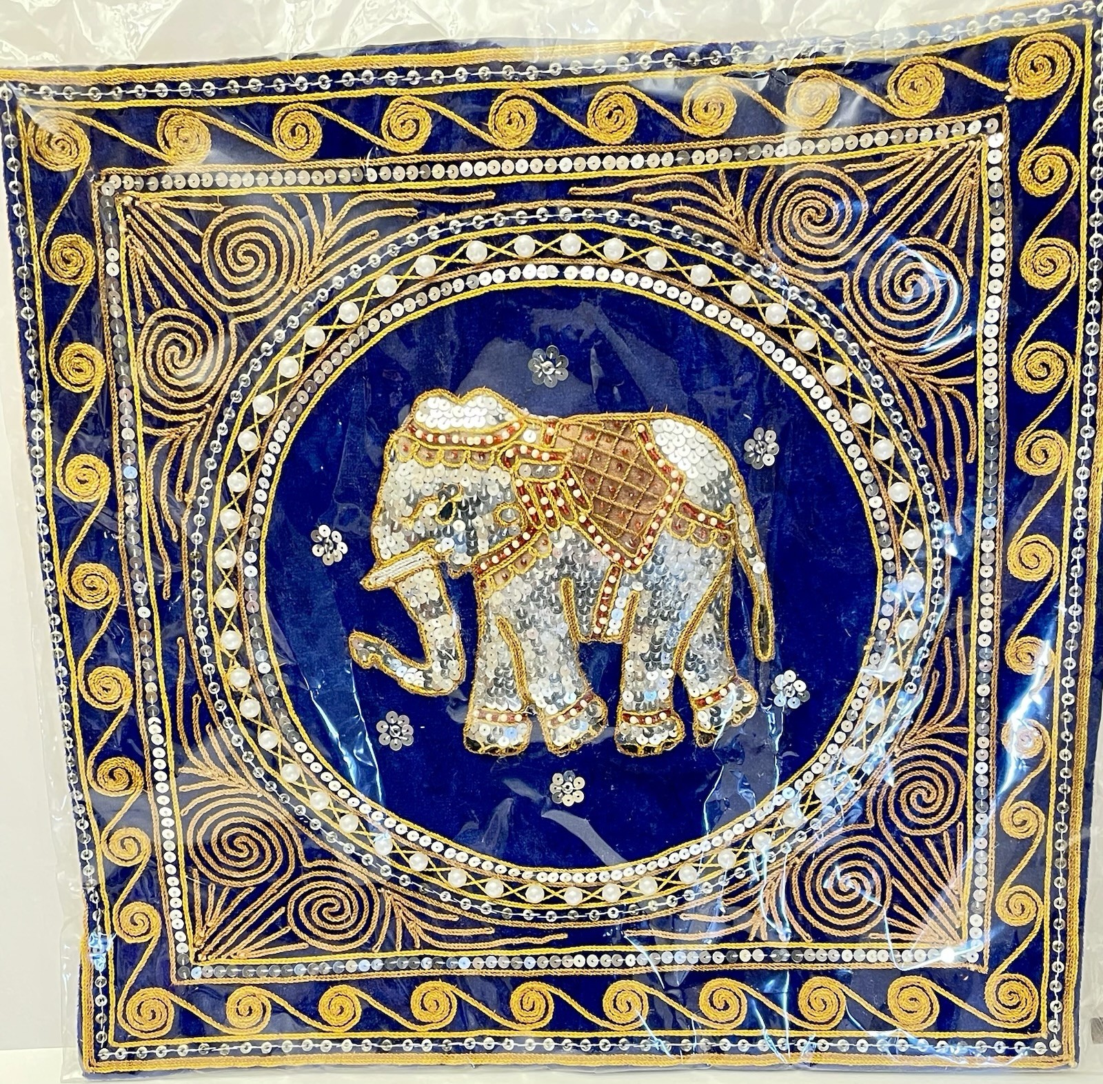 Elephant Blue Pillow Case Cover Thai Burmese Embroidered Bead Sequins 17” X 17” Elephant Blue Pillow Case Cover Thai Burmese Embroidered Bead Sequins 17” X 17”