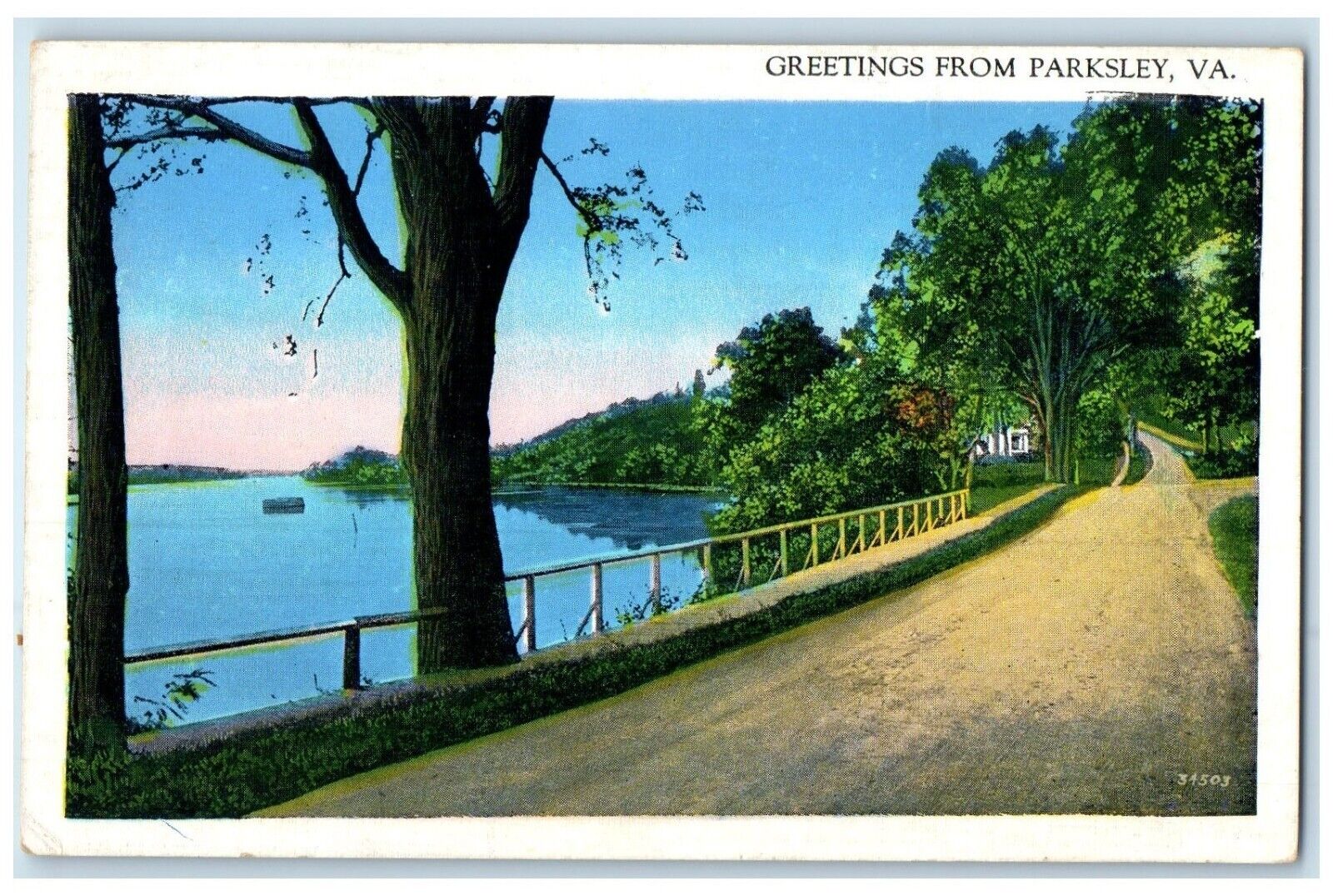c1920 Scenic Road Street Lake Trees Greetings From Parksley Virginia VA Postcard