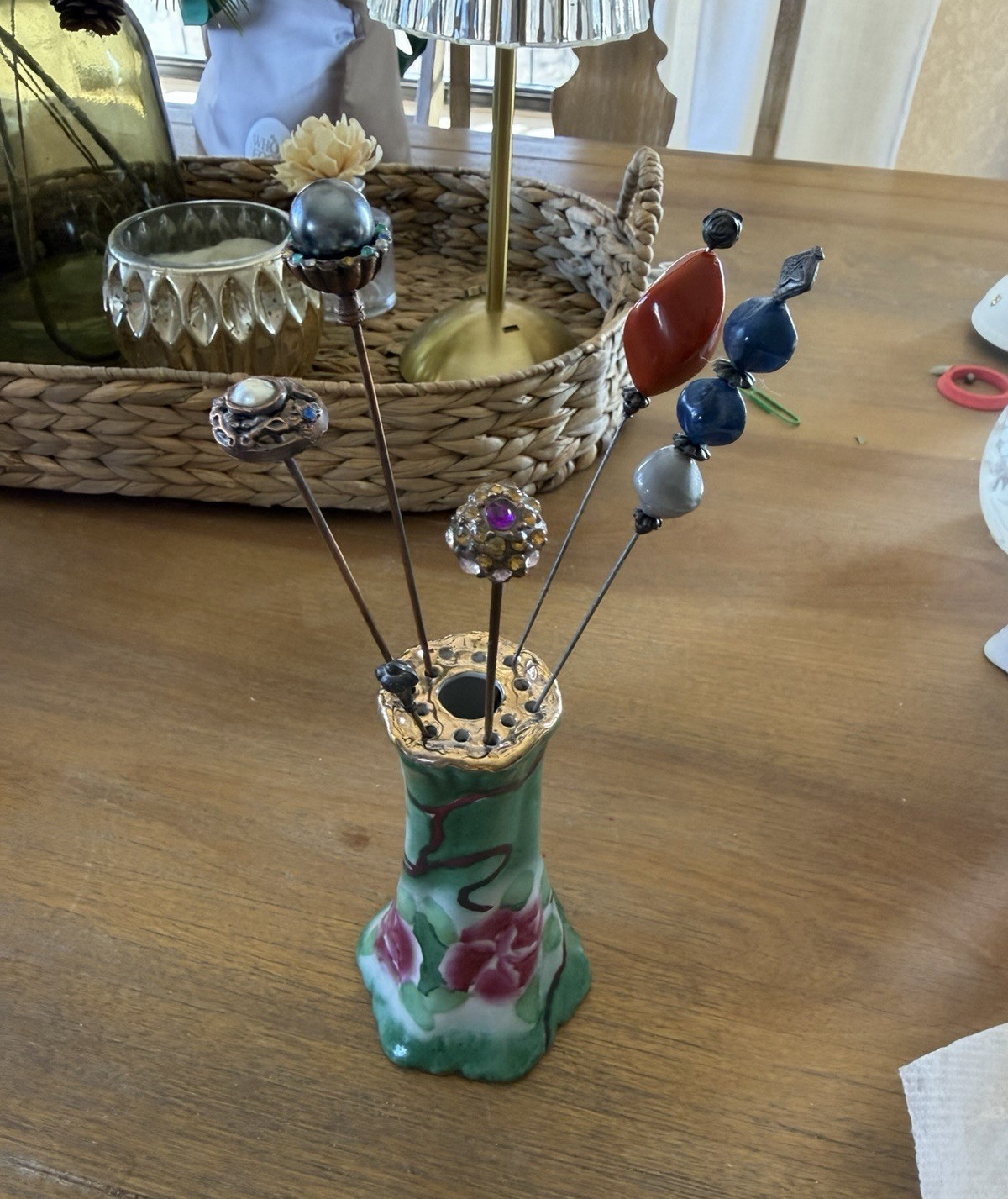 Vintage Nippon Japan Floral Porcelain Hatpin Holder Vase w/ Assorted Hatpins Vintage Nippon Japan Floral Porcelain Hatpin Holder Vase w/ Assorted Hatpins