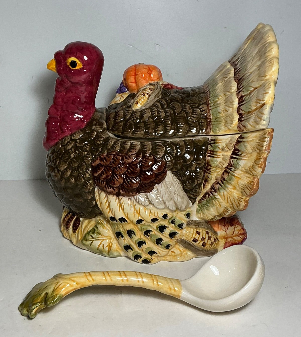 Vintage Hand Painted Ceramic Autumn Bounty Turkey Tureen & Ladle- 3 Pieces Vintage Hand Painted Ceramic Autumn Bounty Turkey Tureen & Ladle- 3 Pieces