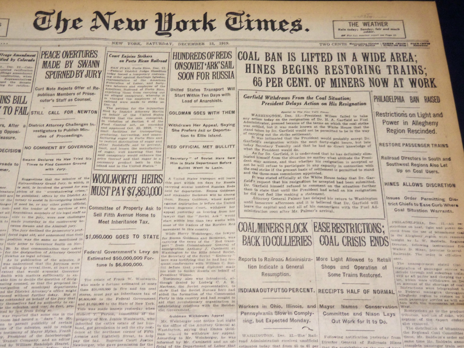 1919 DECEMBER 13 NEW YORK TIMES - WOOLWORTH HEIRS MUST PAY $7,850,000 - NT 7954