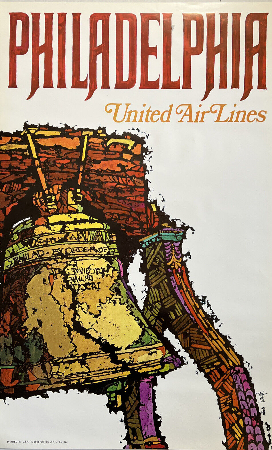 Vintage 1968 Philadelphia United Airlines Promotional Travel Poster - New -