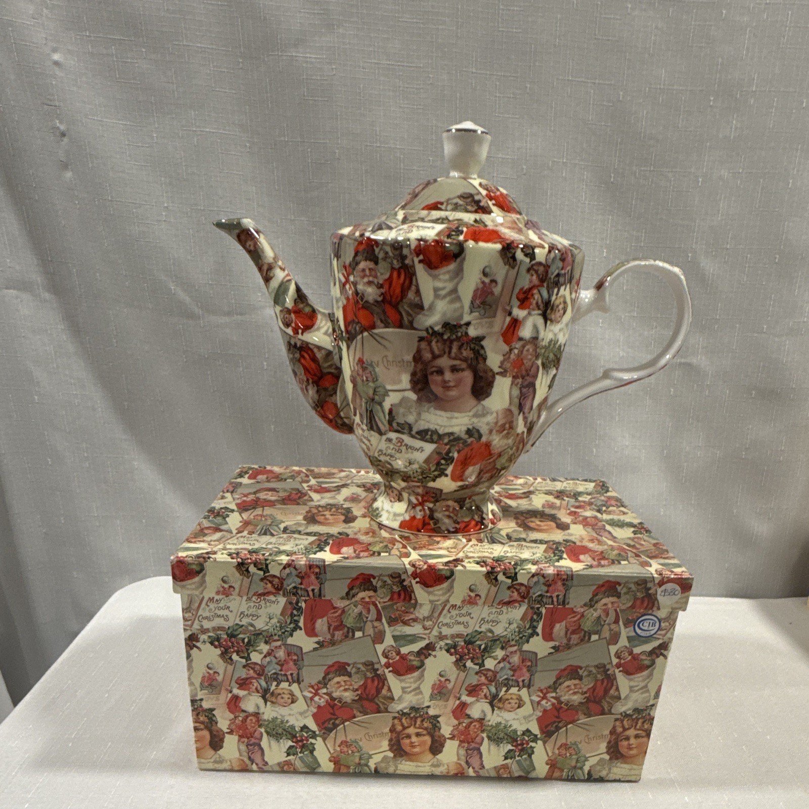 Victorian Trading Co Christmas Teapot Chintz Collage Vintage Style NIB With Box
