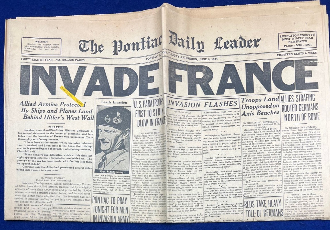 Original June 6 1944 D-Day Newspaper Headline Pontiac Illinois Gen Montgomery Original June 6 1944 D-Day Newspaper Headline Pontiac Illinois Gen Montgomery