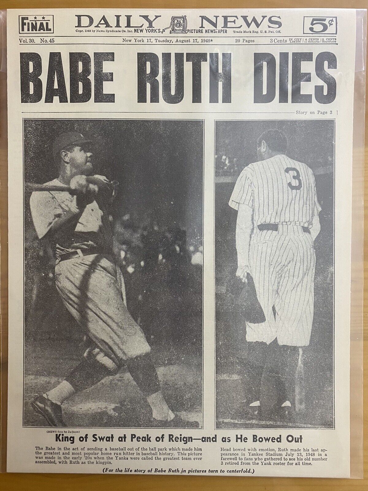 VINTAGE NEWSPAPER HEADLINE~BASEBALL YANKS KING OF SWAT DIES BABE RUTH DEATH 1948