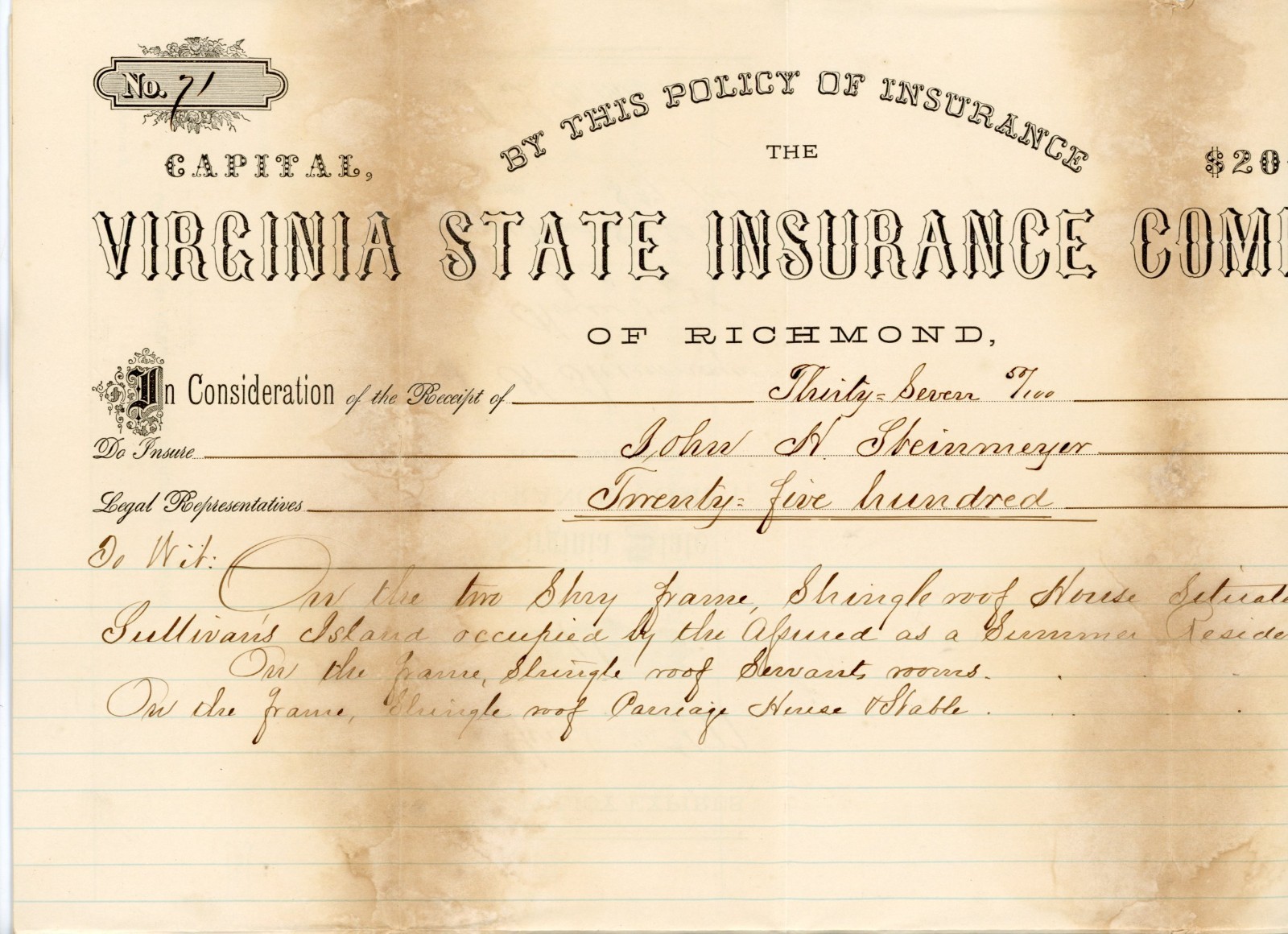 1876 Virginia State Insurance Policy Richmond SC Sullivan\'s Island Summer Home