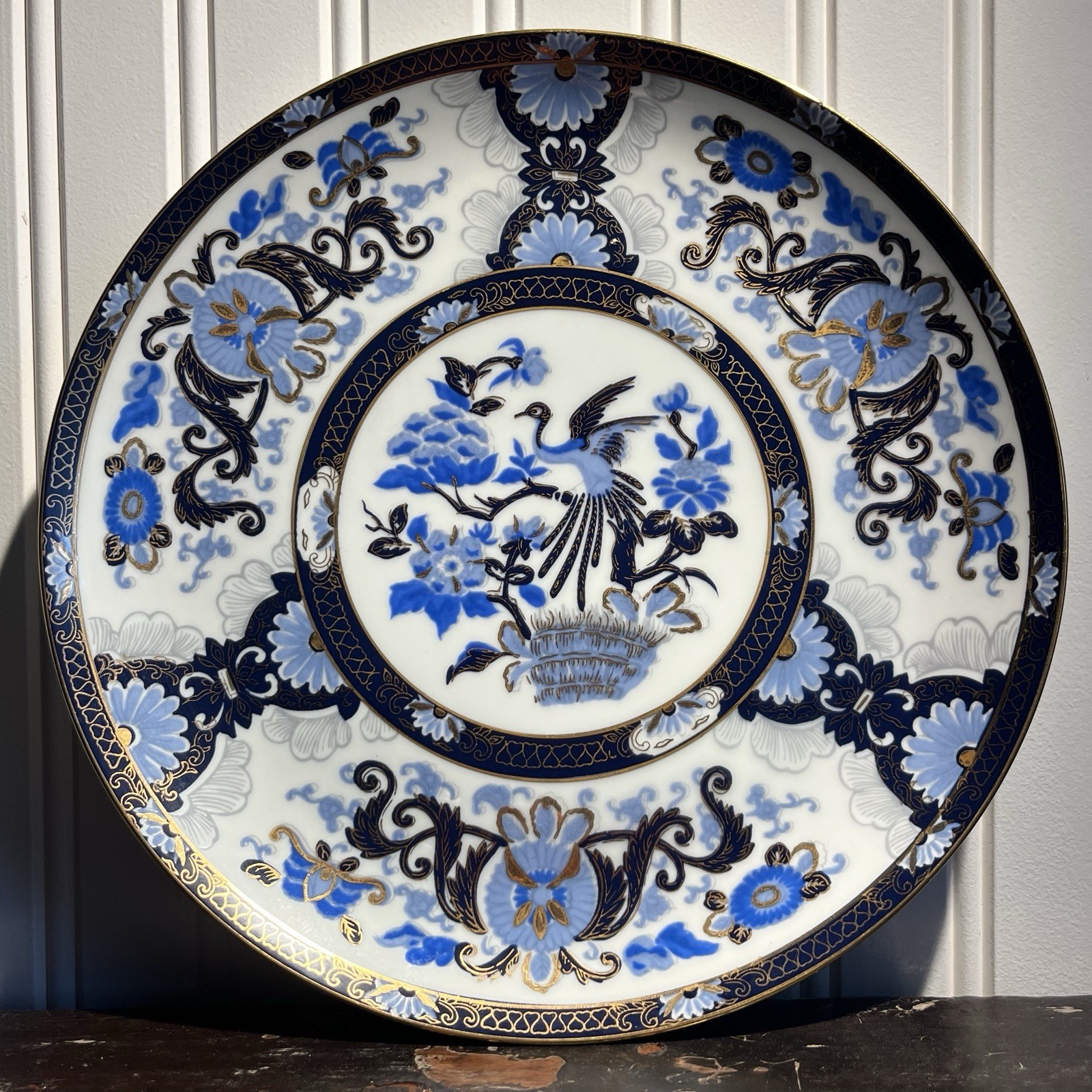 Vintage Japanese Display Plate Blue and White Floral Pattern Porcelain