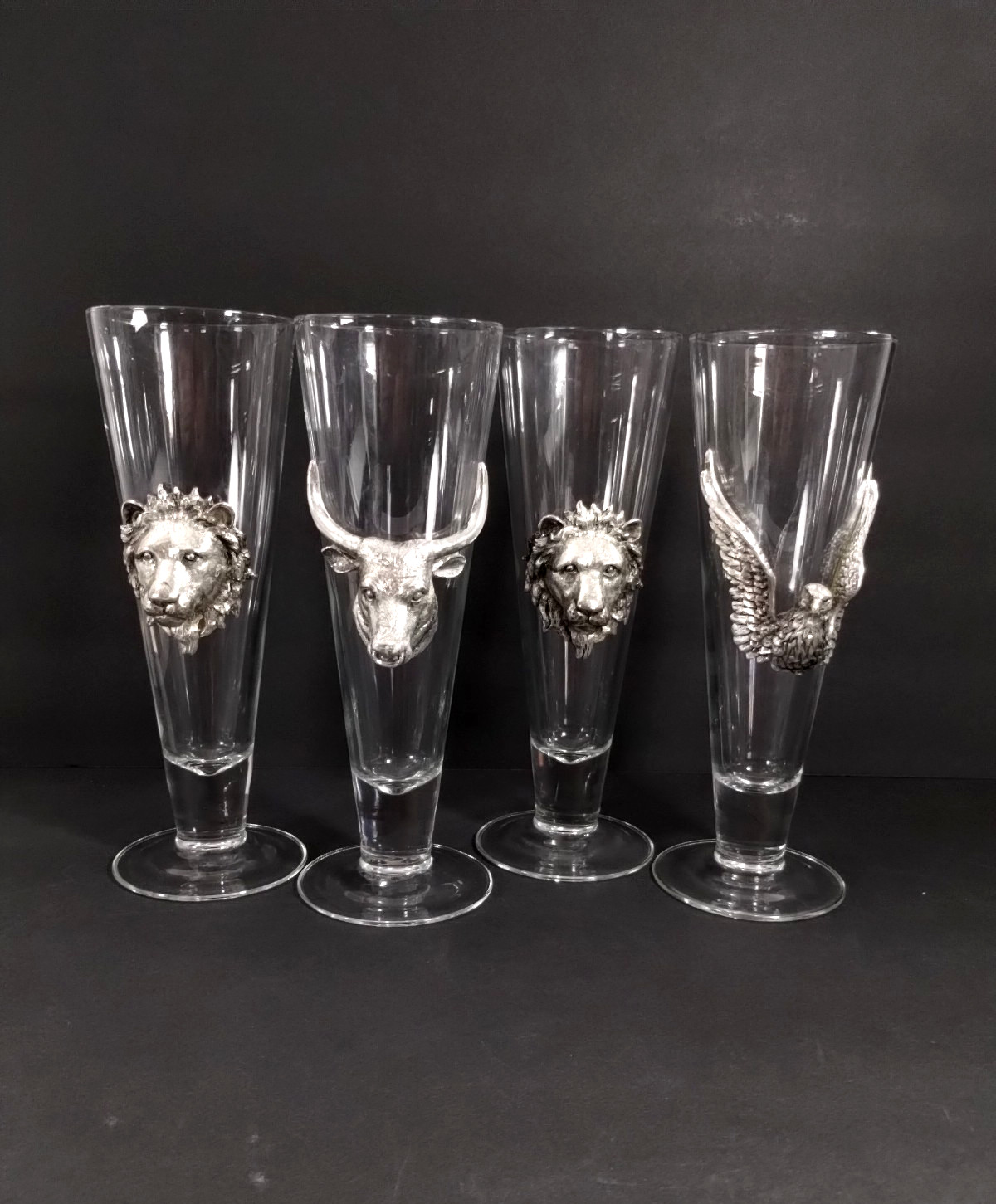 (4) ARTHUR COURT~VTG Pilsner Beer Wine Glasses~LION~WATER BUFFALO~HAWK~9\