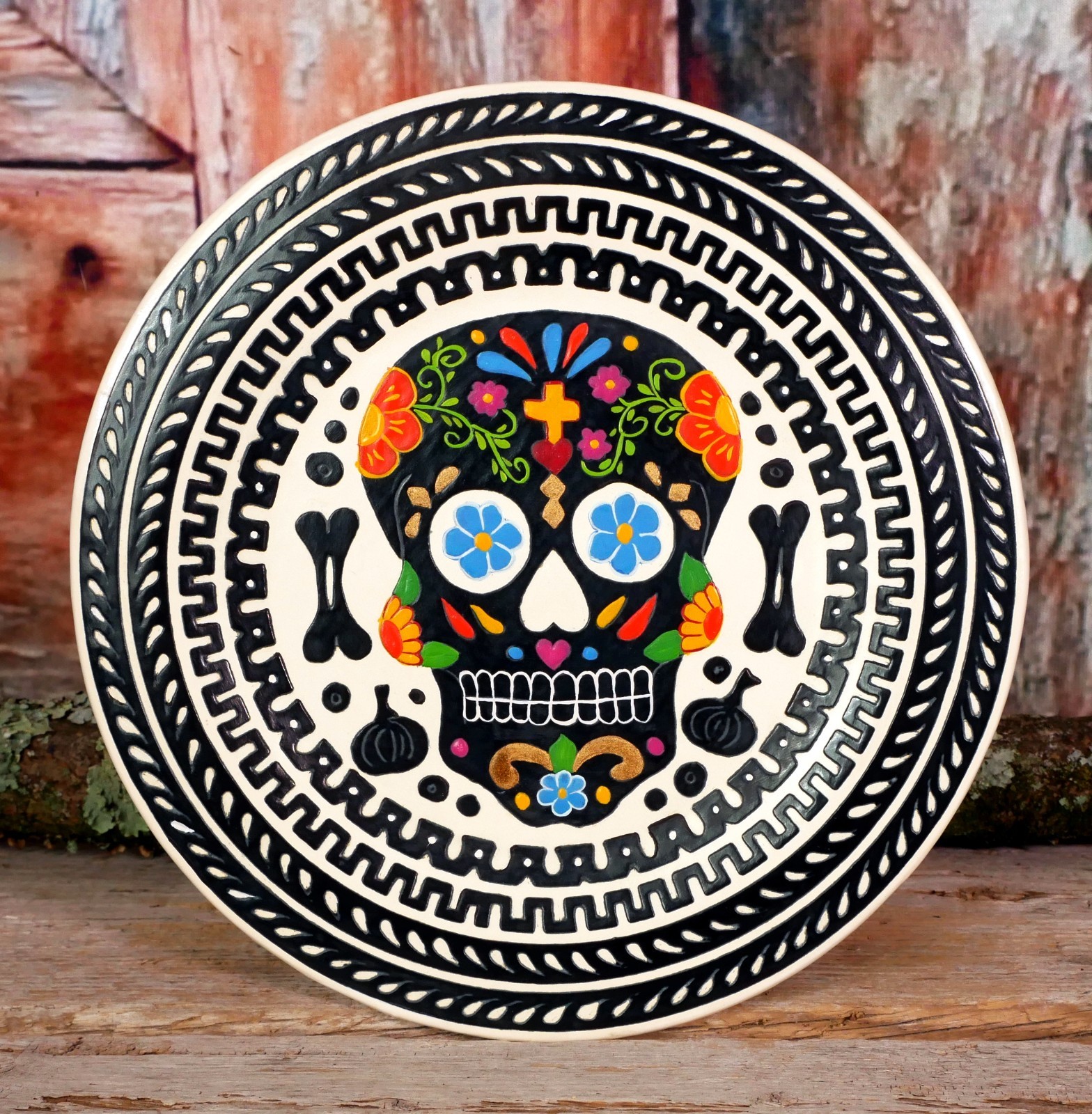 Handmade Sugar Skull Lacquer Day of the Dead Wood Plate Olinalá Mexican Folk Art