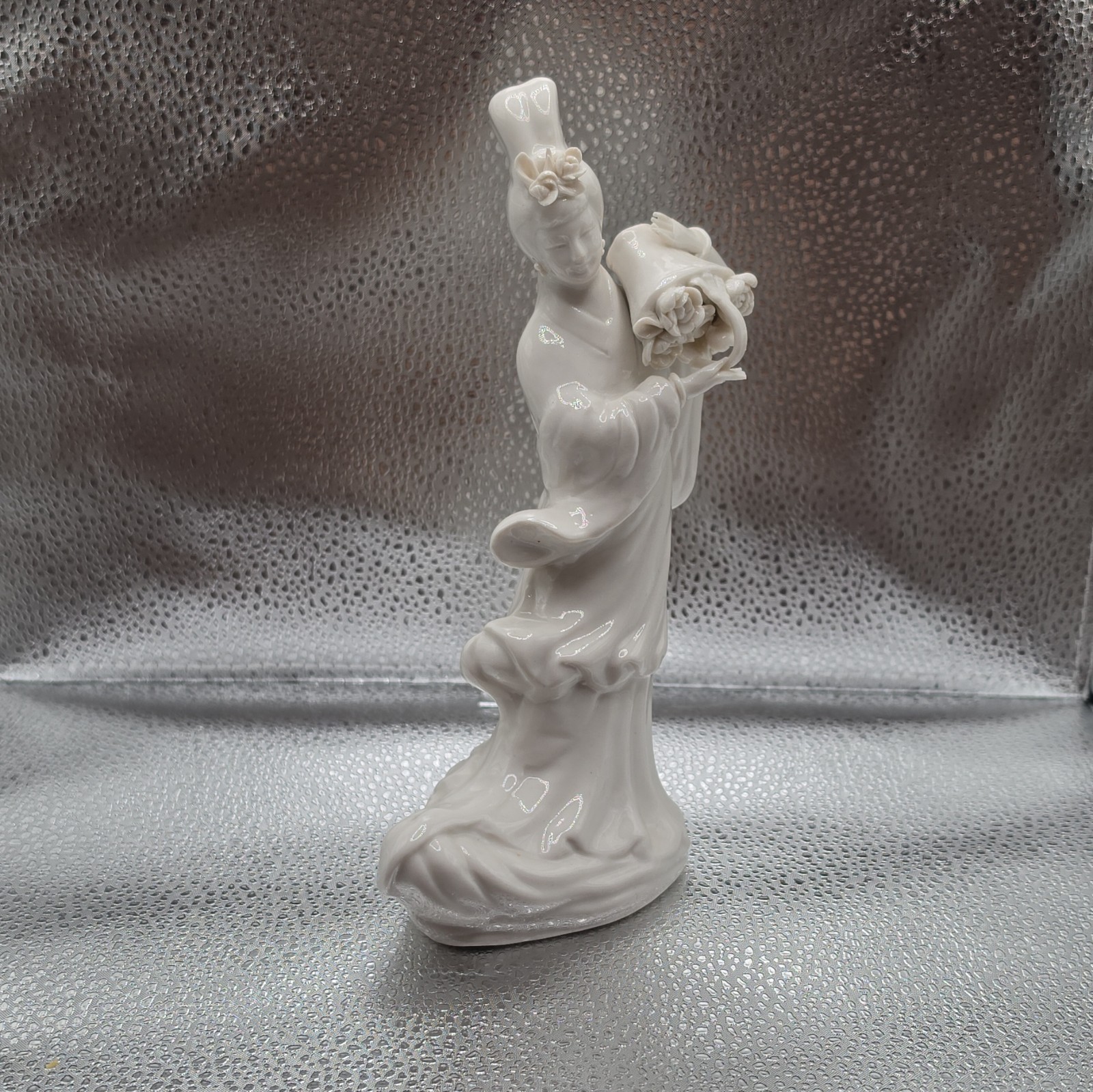 Vintage Chinese Blanc de Chine Porcelain Lady Figurine Holding Flower Basket