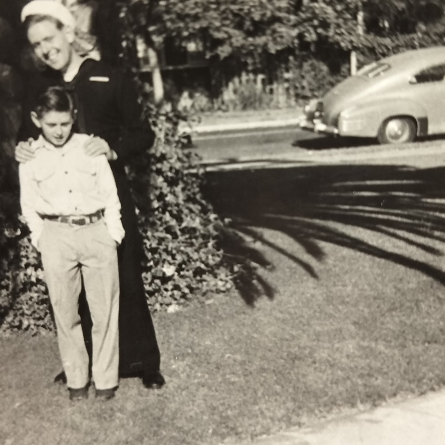 Vintage 1940s Black & White Found Photo US Navy Sailor with Brother 4x3in