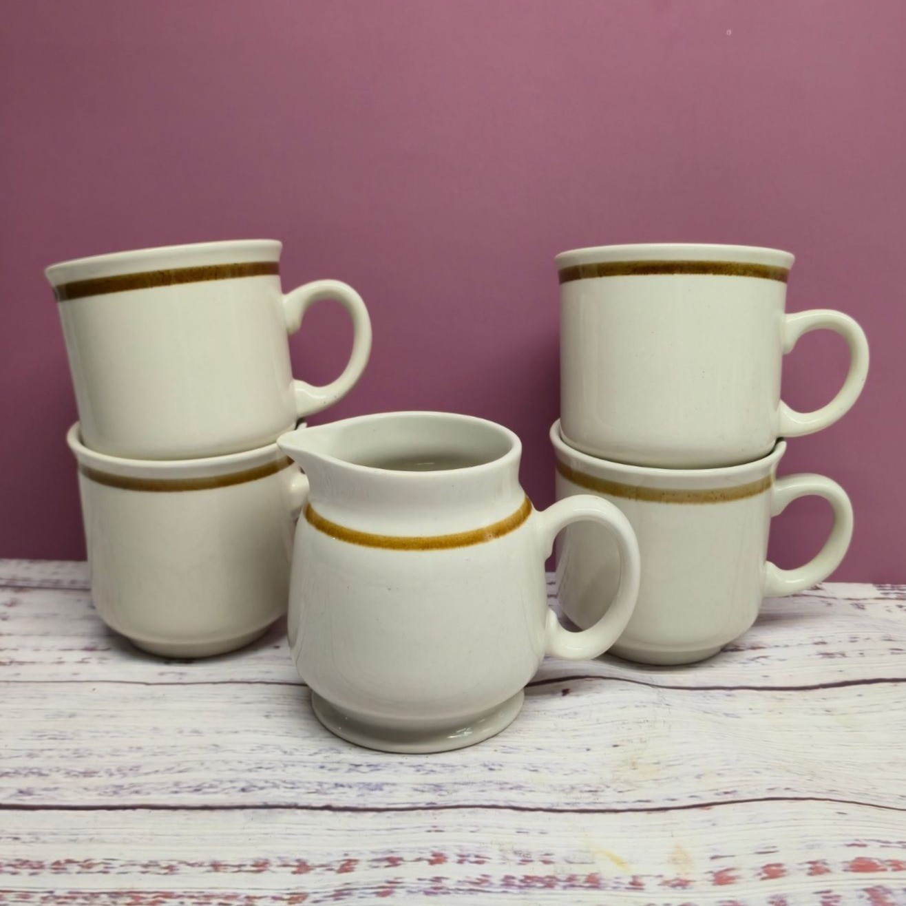 Vintage Stoneware Mug Set With Creamer Japan 1950s Yellow Brown Band Rustic Farm